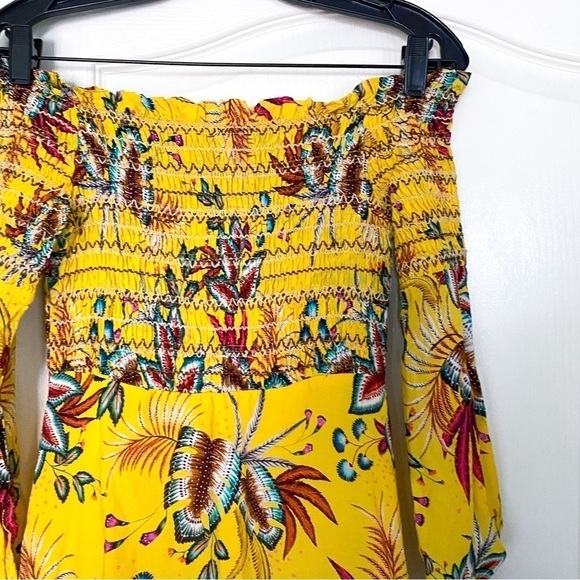 Farm Rio Dress Bria Smocked Mini Floral Off-Shoulder Yellow Multi XS EUC - Picture 5 of 8